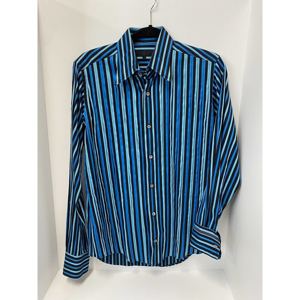 Ted Baker mens shirt size medium blue/black striped pleated long sleeves